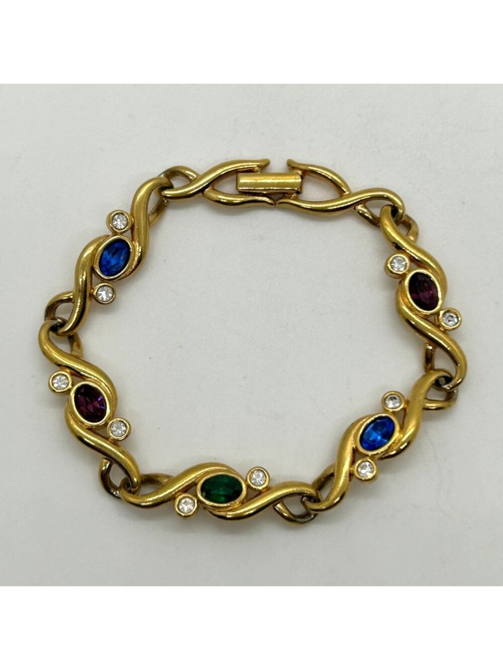 Vintage Swarovski Gold Tone Link Bracelet Oval Crystal Multi Color Rhinestone
